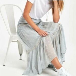 Free People Women's baby blue beaded Ella Ruched Tiered Peasant Maxi Skirt